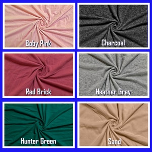 May include: Six fabric swatches in different colors: baby pink, charcoal, red brick, heather gray, hunter green, and sand.