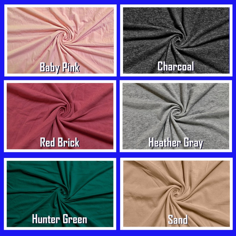 May include: Six fabric swatches in different colors: baby pink, charcoal, red brick, heather gray, hunter green, and sand.