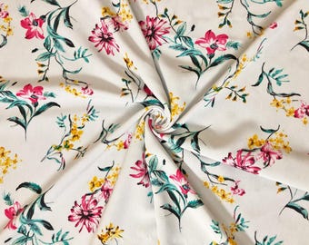 Pink/Teal/Yellow Floral Sunlit Wildflower Wool Peach Fabric by the Yard