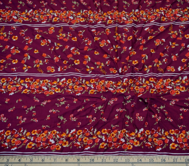 Burgundy Maroon Red Green White Flowers Rayon Challis Print Fabric