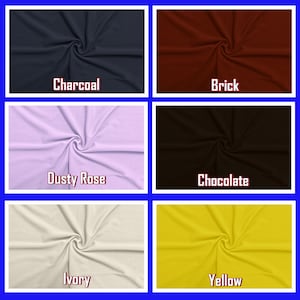 May include: A collection of fabric swatches in various colors, including charcoal, brick, dusty rose, chocolate, ivory, and yellow. Each swatch is displayed in a square frame with the color name printed below. The fabric appears soft and slightly textured.