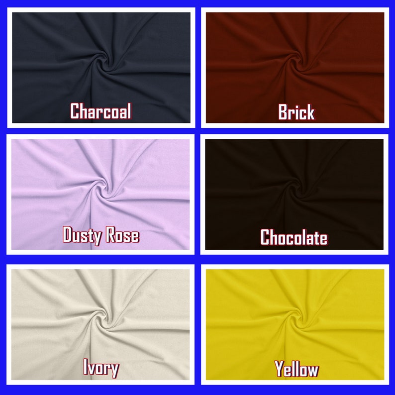 May include: A collection of fabric swatches in various colors, including charcoal, brick, dusty rose, chocolate, ivory, and yellow. Each swatch is displayed in a square frame with the color name printed below. The fabric appears soft and slightly textured.