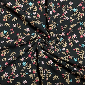 Wool Dobby Printed Fabric-Black Turquoise Coral Pink Mustard 1&quot; Flowers-WDBPR004-Sold by the Yard