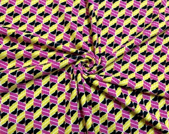 Geometric Rib Knit Fabric – Magenta Yellow Black 3D Cube Print, 4-Way Stretch