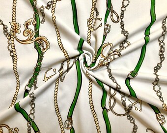 Ivory/Green Nautical Chain Anchor Print Rayon Twill Fabric by Yard