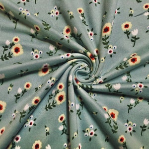 DTY Brushed Fabric-Sage Green Yellow White Flowers-DTYBPR316-Sold by the Yard-Jersey Fabric