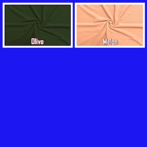 May include: Two fabric swatches, one olive green and one melon-colored, are displayed against a blue background. The word "Olive" is printed below the green swatch, and "Melon" is printed below the peach-colored swatch.