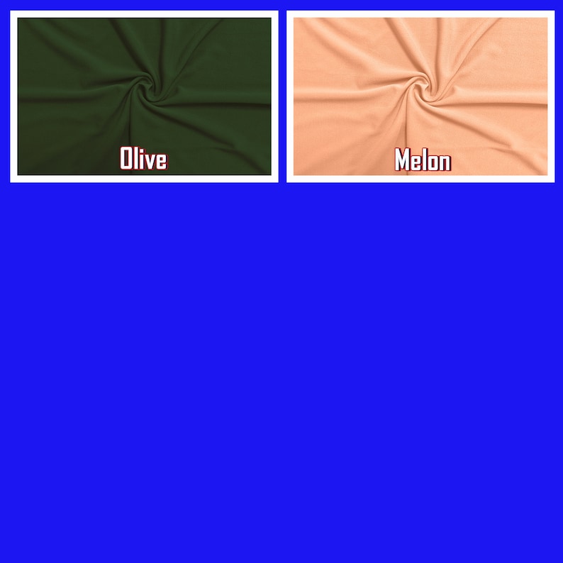 May include: Two fabric swatches, one olive green and one melon-colored, are displayed against a blue background. The word "Olive" is printed below the green swatch, and "Melon" is printed below the peach-colored swatch.