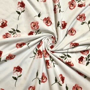 DTY Brushed Fabric-Ivory Red Pair Roses-DTYBPR185-Sold by the Yard-Jersey Fabric