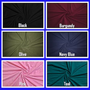 May include: Six fabric swatches in different colors: black, burgundy, olive, navy blue, pink, and teal. Each swatch is twisted and folded to show the texture of the fabric.
