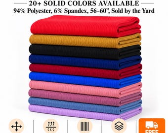 May include: A stack of folded mini rib knit fabric in various colors including red, mustard, black, blue, burgundy, pink, and purple. The text reads Mini Rib Knit Fabric, 94% Polyester, 6% Spandex, 56-60 inches, sold by the yard.