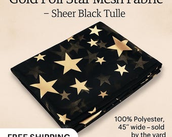 Black/Gold Foil Star Mesh Fabric by the Yard