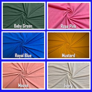 May include: Six fabric swatches in different colors: baby green, rose pink, royal blue, mustard, mauve, and ivory. Each swatch is twisted into a spiral shape.