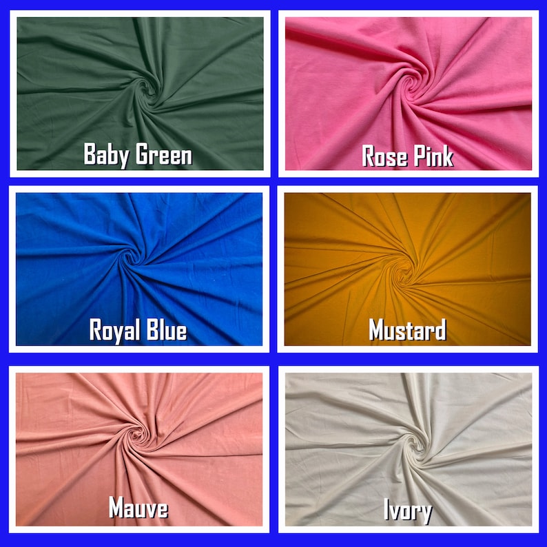 May include: Six fabric swatches in different colors: baby green, rose pink, royal blue, mustard, mauve, and ivory. Each swatch is twisted into a spiral shape.