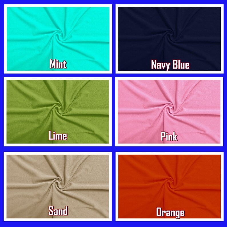 May include: A collage of fabric swatches in various colors. The colors include mint, navy blue, lime, pink, sand, and orange. Each swatch has the color name printed on it in white text.
