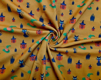 Mustard Gold Halloween Cat/Pumpkin & Witch Hat Bullet Knit Fabric by the Yard