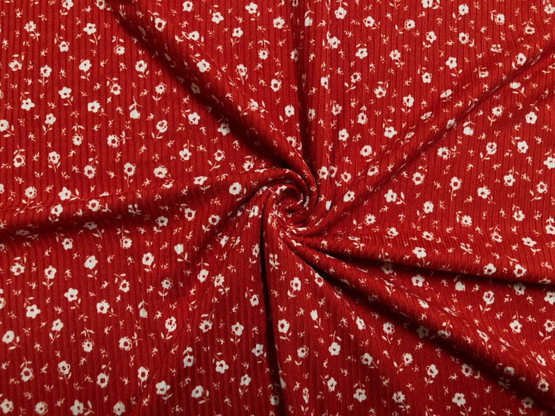 Brick White 1/4" Buttercup Flowers Print Fabric Rayon Spandex Rib 2X1 Print Fabric