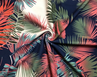 Navy/Ivory/Coral Tropical Palm Leaf Bullet Knit Fabric by the Yard