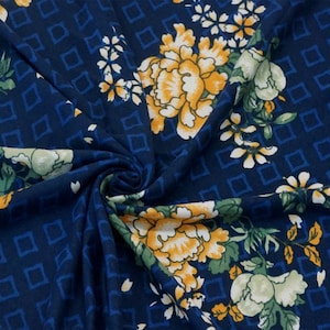 DTY Brushed Fabric-Blue Green Mustard Flowers-DTYBPR132-Sold by the Yard-Jersey Fabric