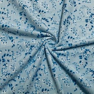 Blau, Marineblau, Elfenbein, Fallende Blätter Poly Rayon Spandex Rippe 2X2 Print Stoff