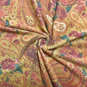 Hacci Brushed Fabric-Mustard Red Green Paisleys-HSPR045-Sold by the Yard-Apparel Fabric