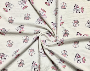 Ivory/Pink Kawaii Cat Birthday Bullet Knit Fabric by the Yard