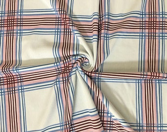 Ivory/Blue & Burgundy Plaid Rib Knit Fabric by the Yard