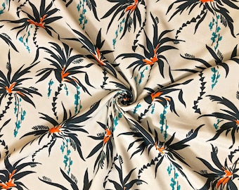 Crepe De Chine (CDC) Printed Fabric-Beige Black Palms-CDCPR001-Sold by the Yard