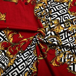 Liverpool Knit Printed Fabric-Red White Gold Damask-LVPR263-Sold by the Yard-Apparel Fabric