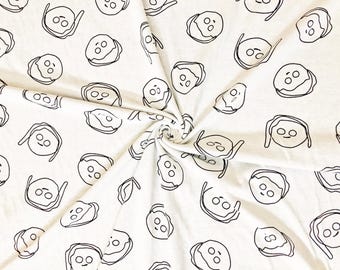 Ivory Black Doodle Faces 100% Cotton Jersey Knit Fabric by the Yard