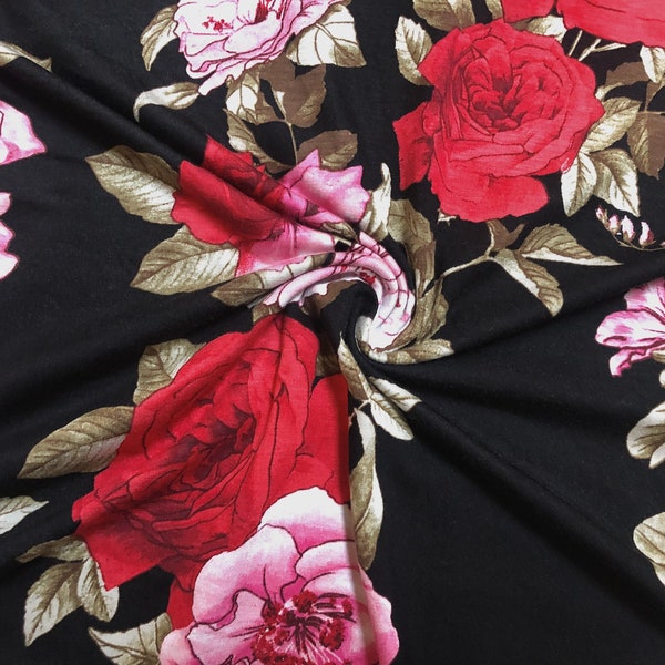 Black Red Lip Stick Pink Autumn Roses Rayon Spandex Fabric