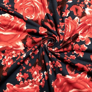 DTY Brushed Fabric-Black Red White Bloomed Roses-DTYBPR304-Sold by the Yard-Jersey Fabric
