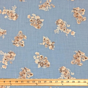 Rayon Slub Printed Fabric| Denim Blue Brown Flowers |RSLPR02|Sold by the Yard