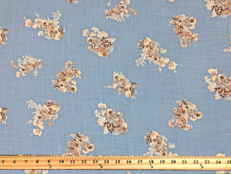 Rayon Slub Printed Fabric| Denim Blue Brown Flowers |RSLPR02|Sold by the Yard