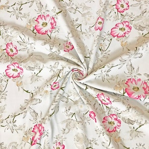 Wool Peach Printed Fabric-White Red Hand Drawn Flowers-WPPR002-Sold by the Yard