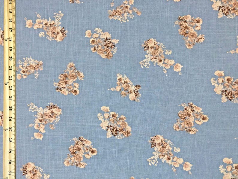 Rayon Slub Printed Fabric| Denim Blue Brown Flowers |RSLPR02|Sold by the Yard
