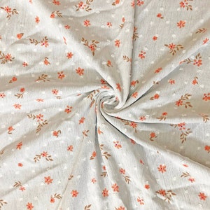 Rayon Gauze Swiss Dot Printed Fabric-Ivory 1/2" Orange Brown Flowers-RGzPR011-Sold by the Yard