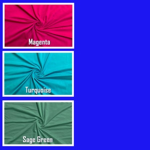 May include: Three fabric swatches in different colors: magenta, turquoise, and sage green. Each swatch is folded and twisted to show the texture of the fabric.