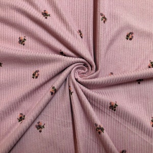 Pink Red Peach Purple 1/2&quot; Flowers Poly Rayon Spandex Rib 2X2 Print Fabric