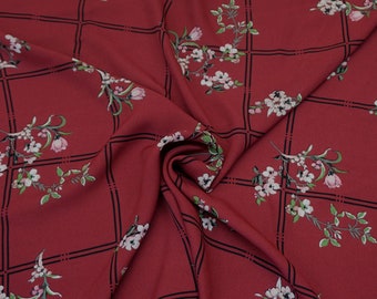 Burgundy Black Green Pink Flowers Rayon Challis Print Fabric