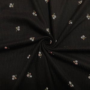 Black Red Mauve 1/2&quot; Flowers Poly Rayon Spandex Rib 2X2 Print Fabric