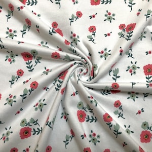DTY Brushed Fabric-Ivory Raspberry Green Flowers-DTYBPR328-Sold by the Yard-Jersey Fabric