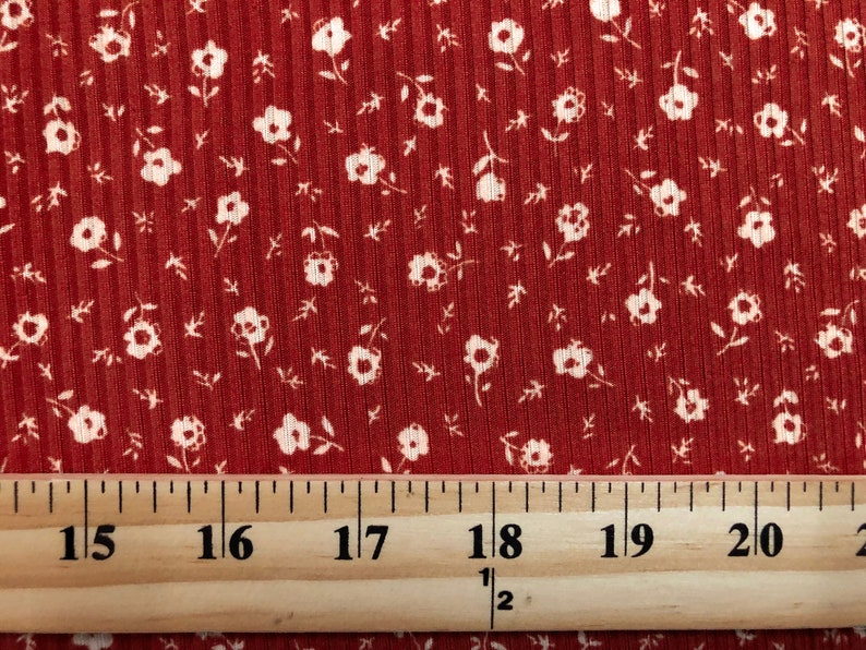 Brick White 1/4" Buttercup Flowers Print Fabric Rayon Spandex Rib 2X1 Print Fabric
