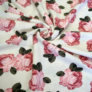 Liverpool Knit Printed Fabric-Ivory Pink Green Roses-LVPR018-Sold by the Yard-Apparel Fabric