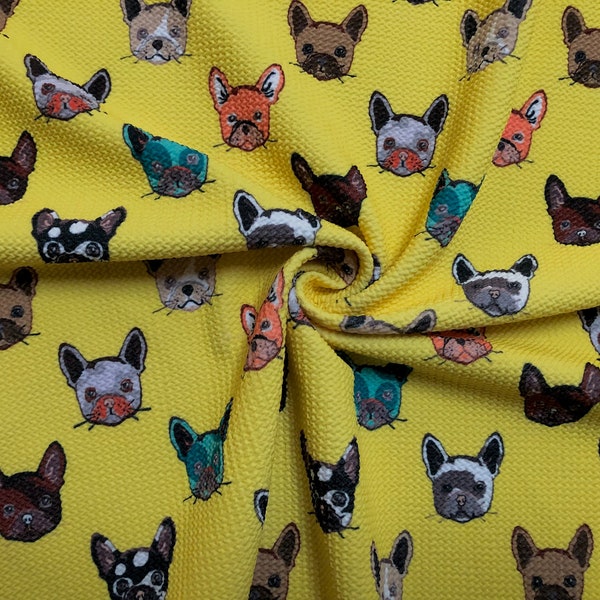 Poly-Spandex Yellow Brown White French Bulldog Puppies Bullet Knit Printed Fabric-Sold by the Yard