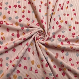 Pink Red Gray Mustard Lips and Hearts Poly Rayon Spandex Rib 1X1 Print Fabric