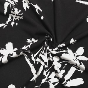 Techno Crepe Print Fabric-Black White Brush Painted Flowers-TCRP013-Sold by the Yard
