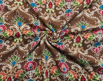 Brown Red Blue Green Pixeled Arabic Flowers Rayon Challis Fabric