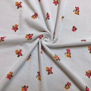 Ivory Red Pink Gold Green 7/8&quot; Roses Rayon Spandex Rib 2X2 Print Fabric