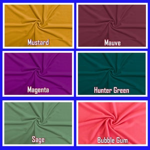 May include: A collection of fabric swatches in various colors, including mustard, mauve, magenta, hunter green, sage, and bubble gum. Each swatch is labeled with its respective color name in a white, bold font.